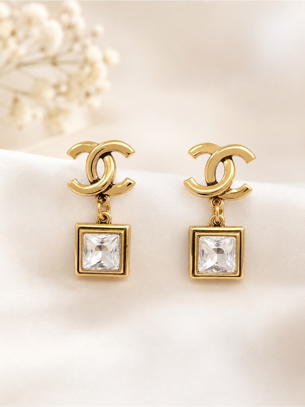 CHANEL Gold-Tone CC Drop Earrings with Clear Square Crystal